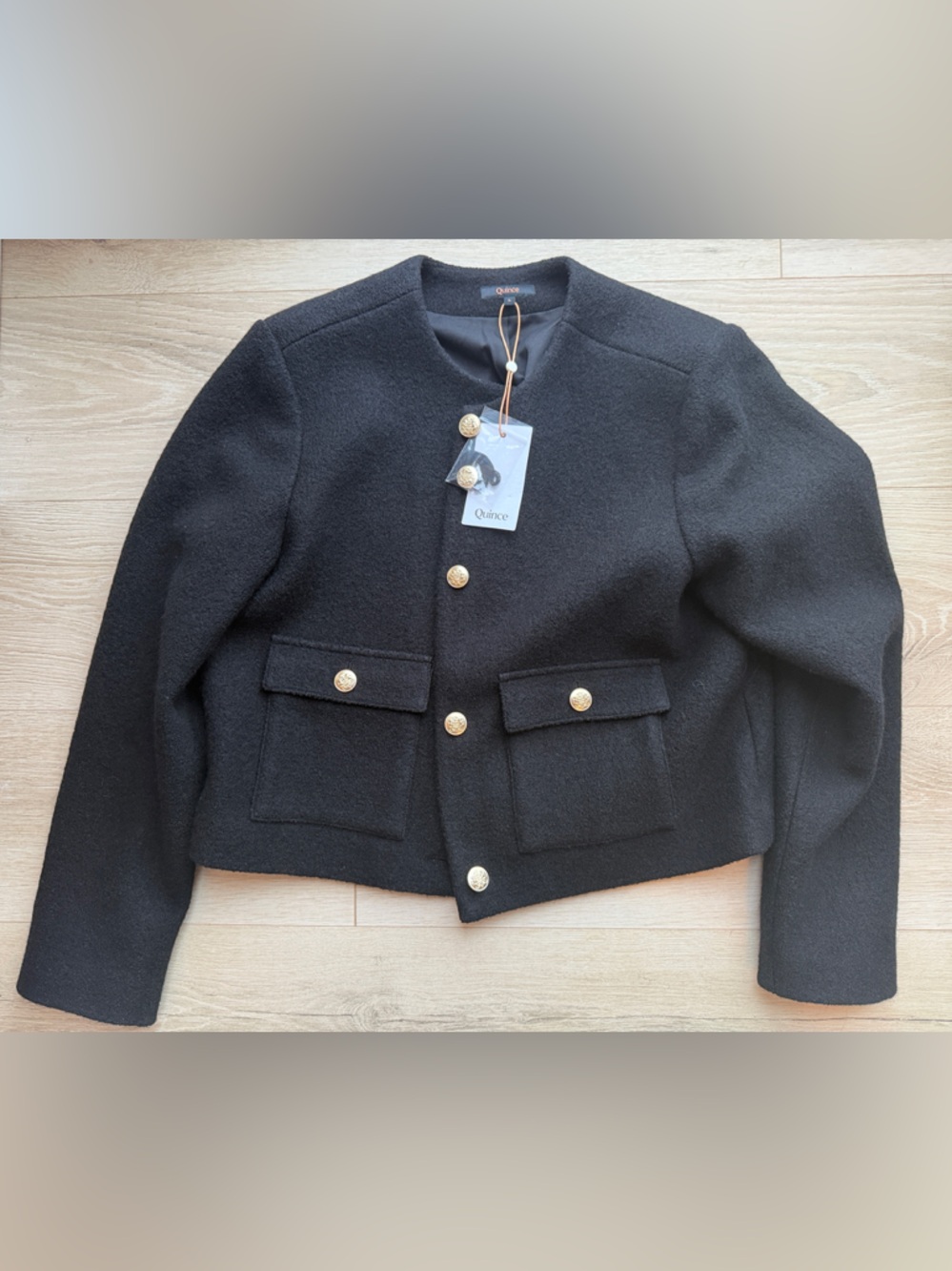 Quince Black Cropped Wool-Blend Military Style Jacket with Gold Buttons